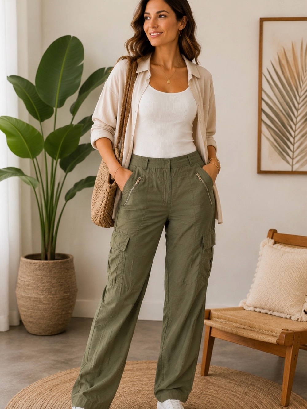 DKNY Olive Green Cargo Pants Women's Sz 10 Lightweight Utility Zip Pocket Casual